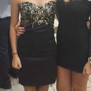 Dillard’s Black&Gold Strapless Homecoming Dress